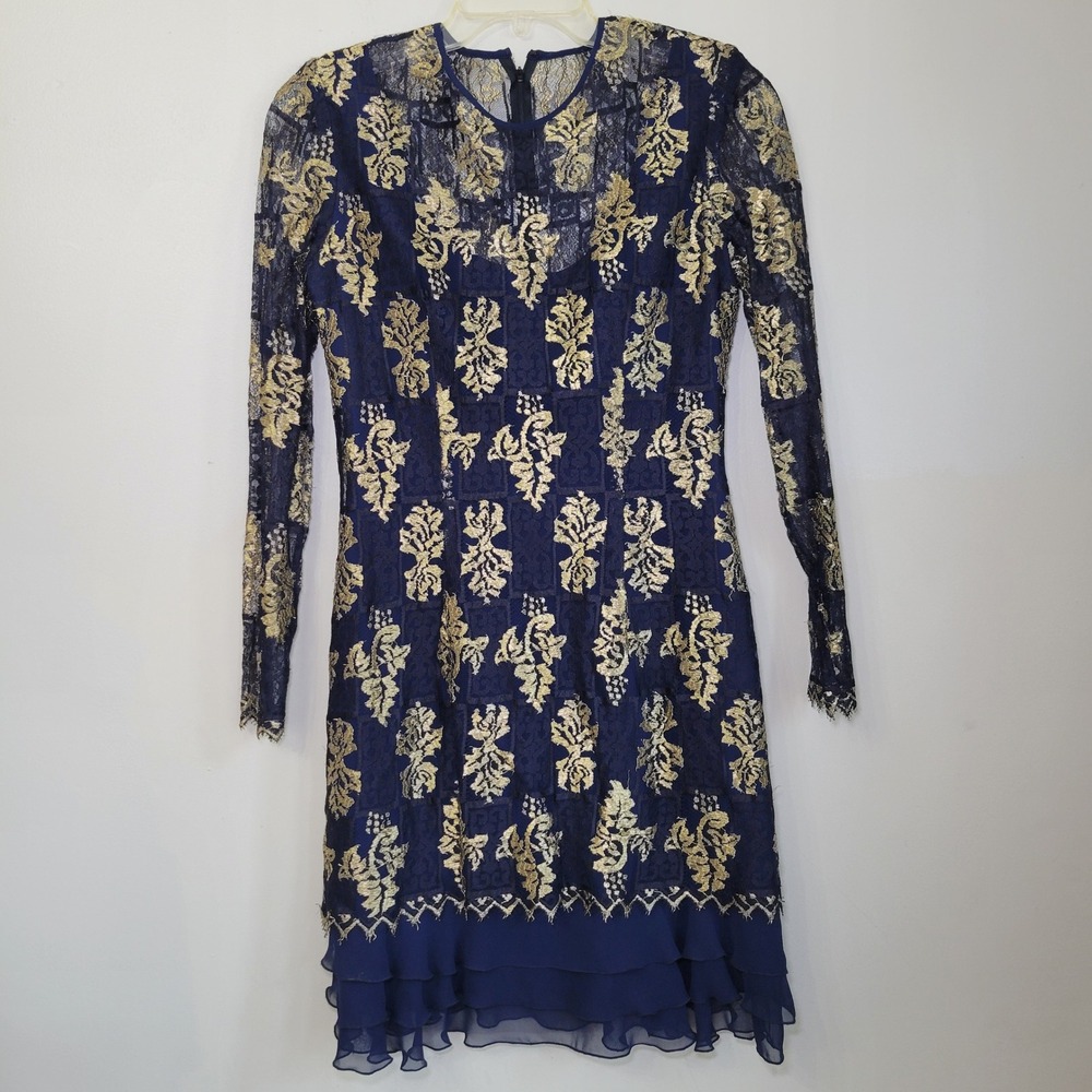 La Muse Navy Blue Gold Metallic Silk Blend Lace Ruffle Hem Cocktail Dress